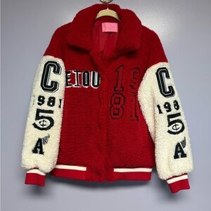 NWOT Azalea Wang  pick a vowel oversized Red and White teddy Varsity Jacket S